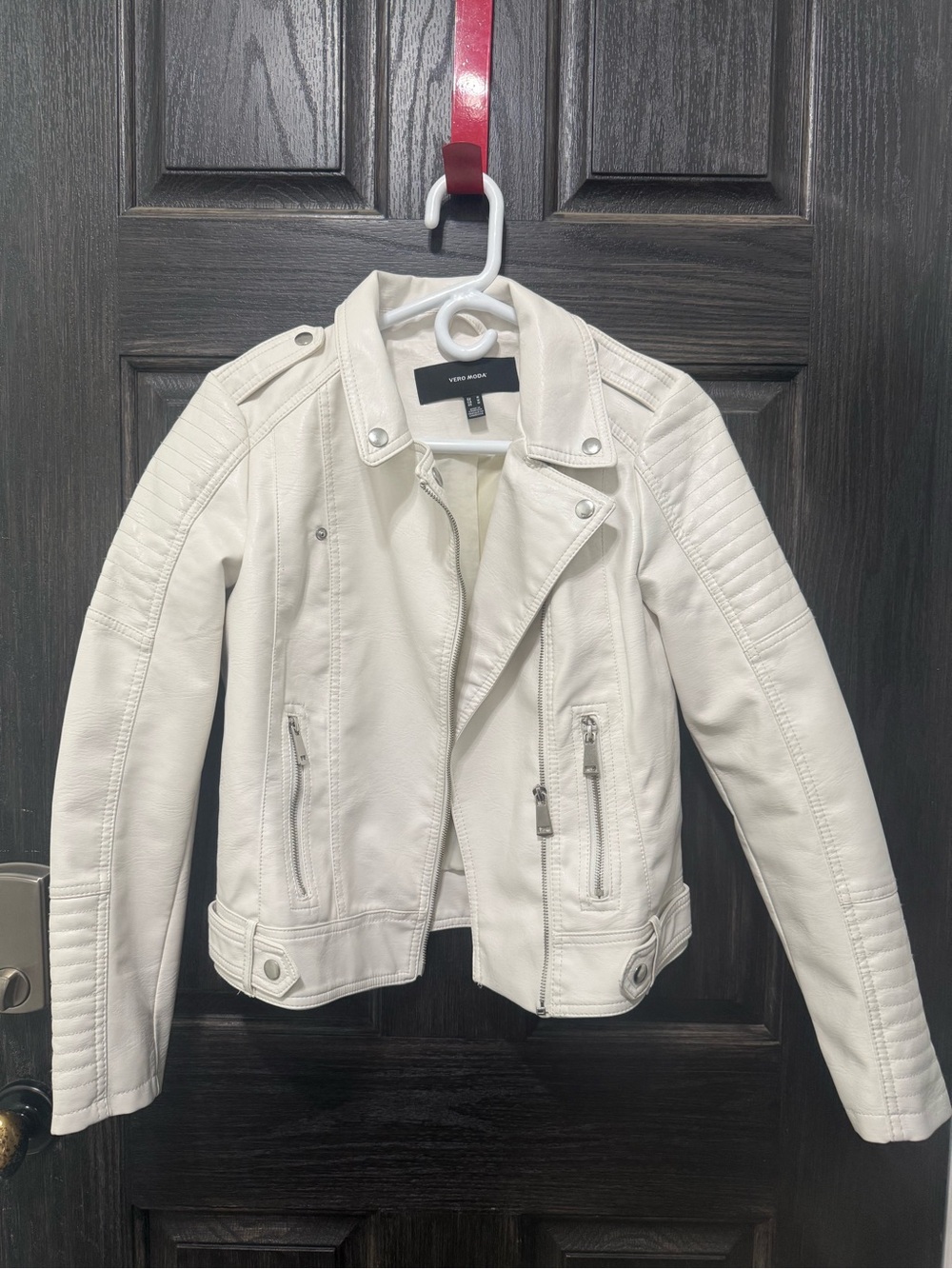 Vero Moda Cream Faux Leather Biker Jacket